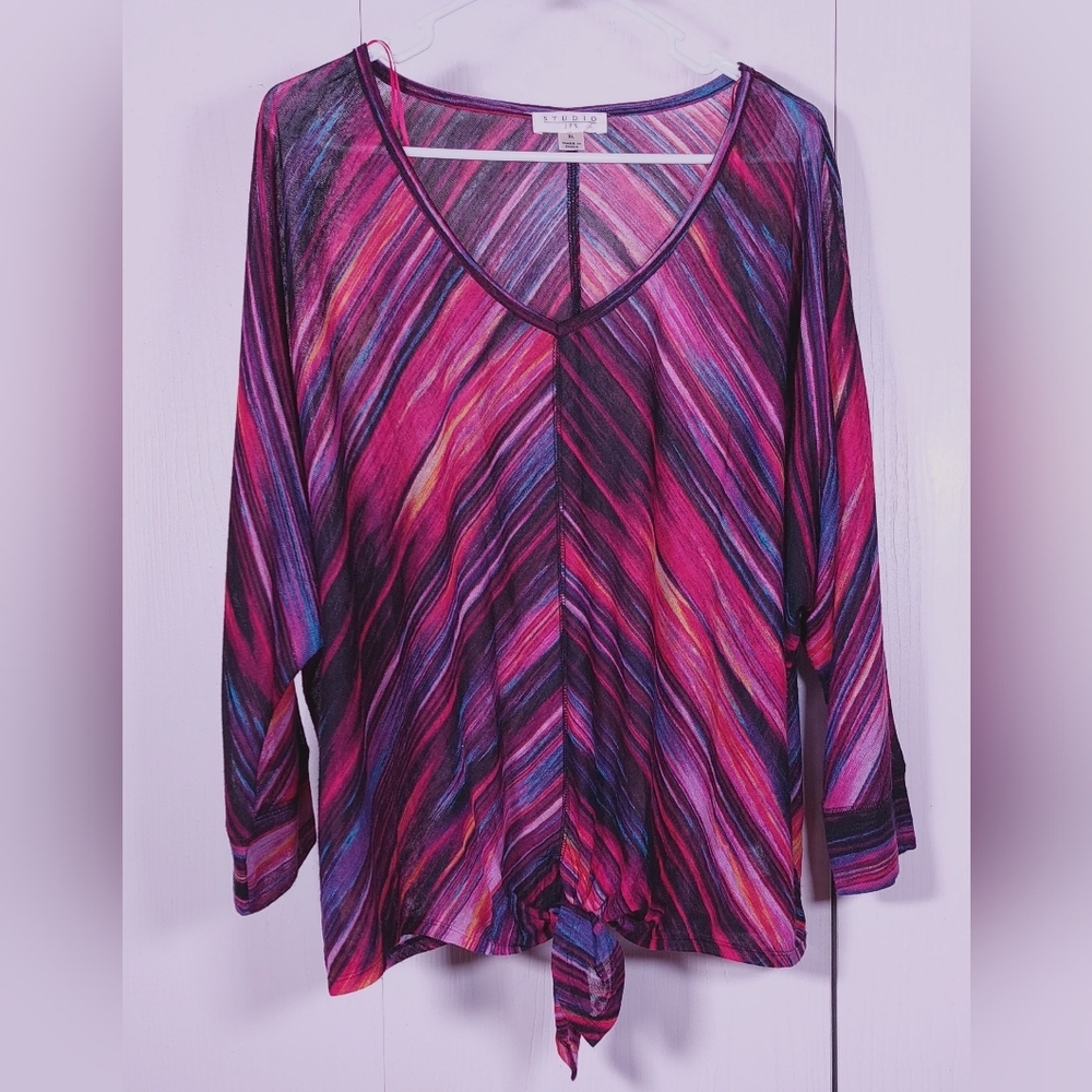 Studio JPR Colorful Striped Top Size XL Front Tie Retro Blouse Office Retro Boho